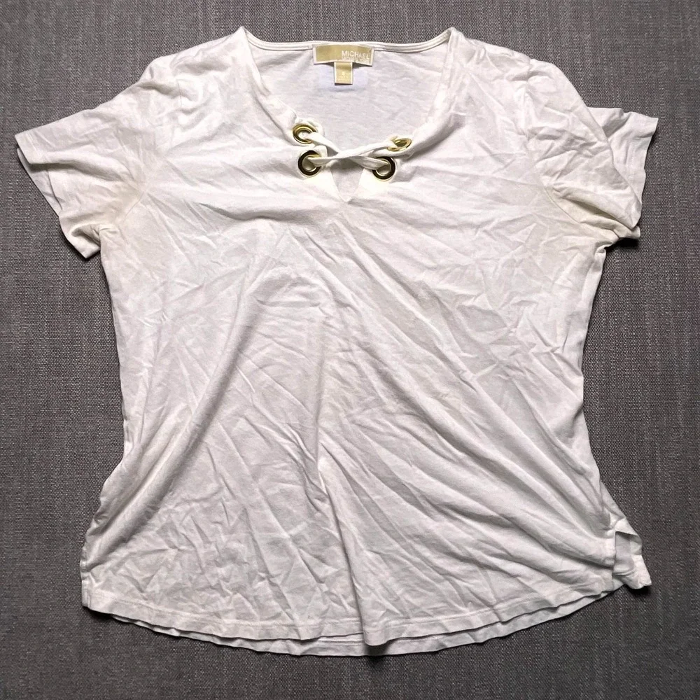 Michael Kors Womens White Lace Up Split Neck T Shirt Side Slit Round Hem Small